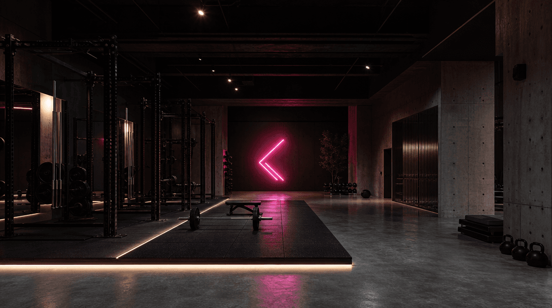 Dark editorial architectural interior of a minimalist premium gym — polished concrete floors, black rubber platform, hot