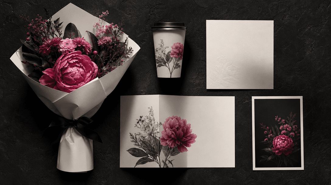 A single floral campaign concept expanding across physical formats: a bouquet, coffee cup, elegant blank paper card, fol