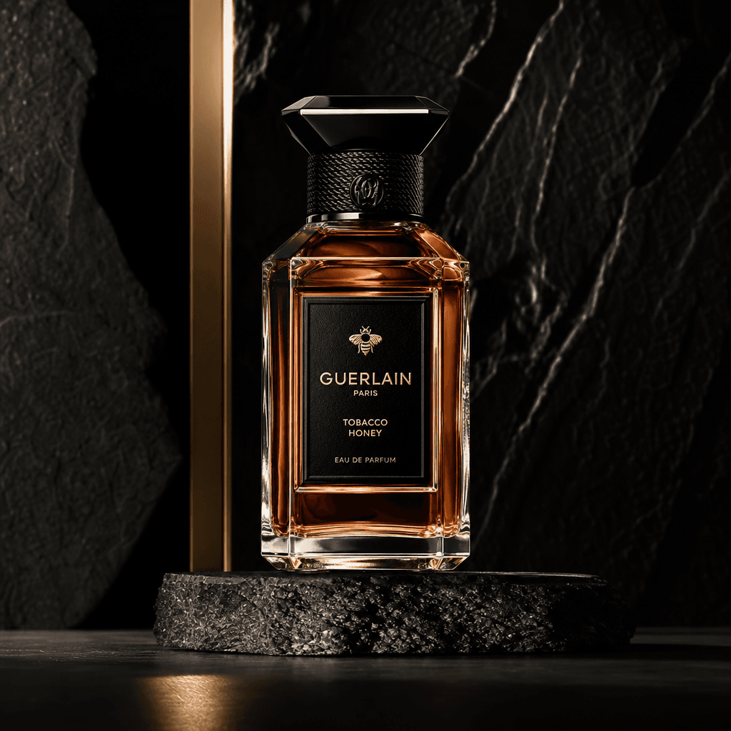 Fragrance bottle photographed with editorial styling. Dramatic dark background, luxury product lighting, shadow play emp