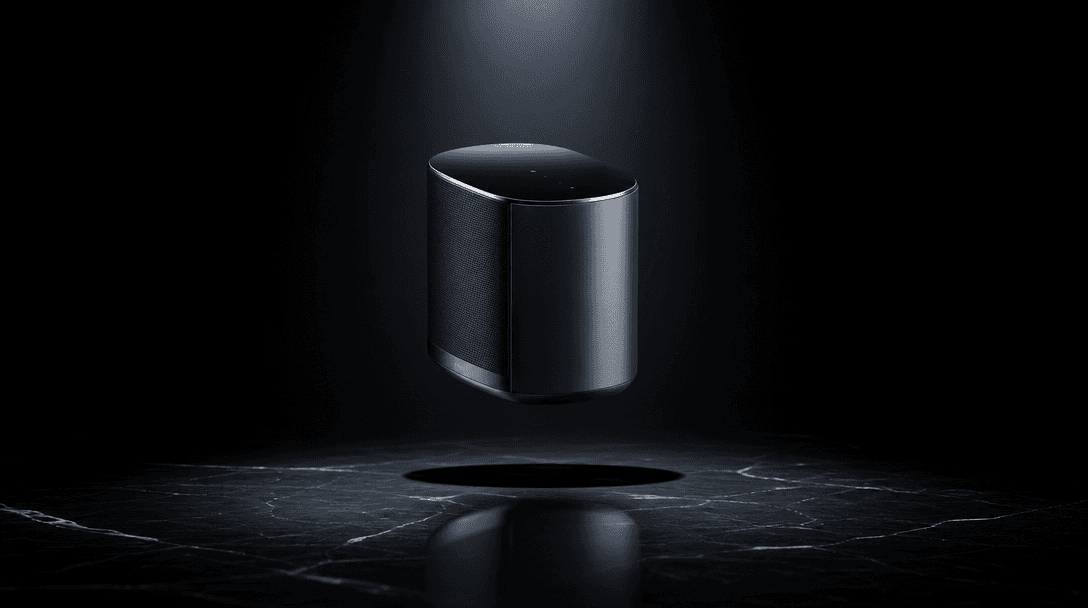 Sleek premium consumer product levitating above a dark reflective obsidian surface, studio spotlight from directly above