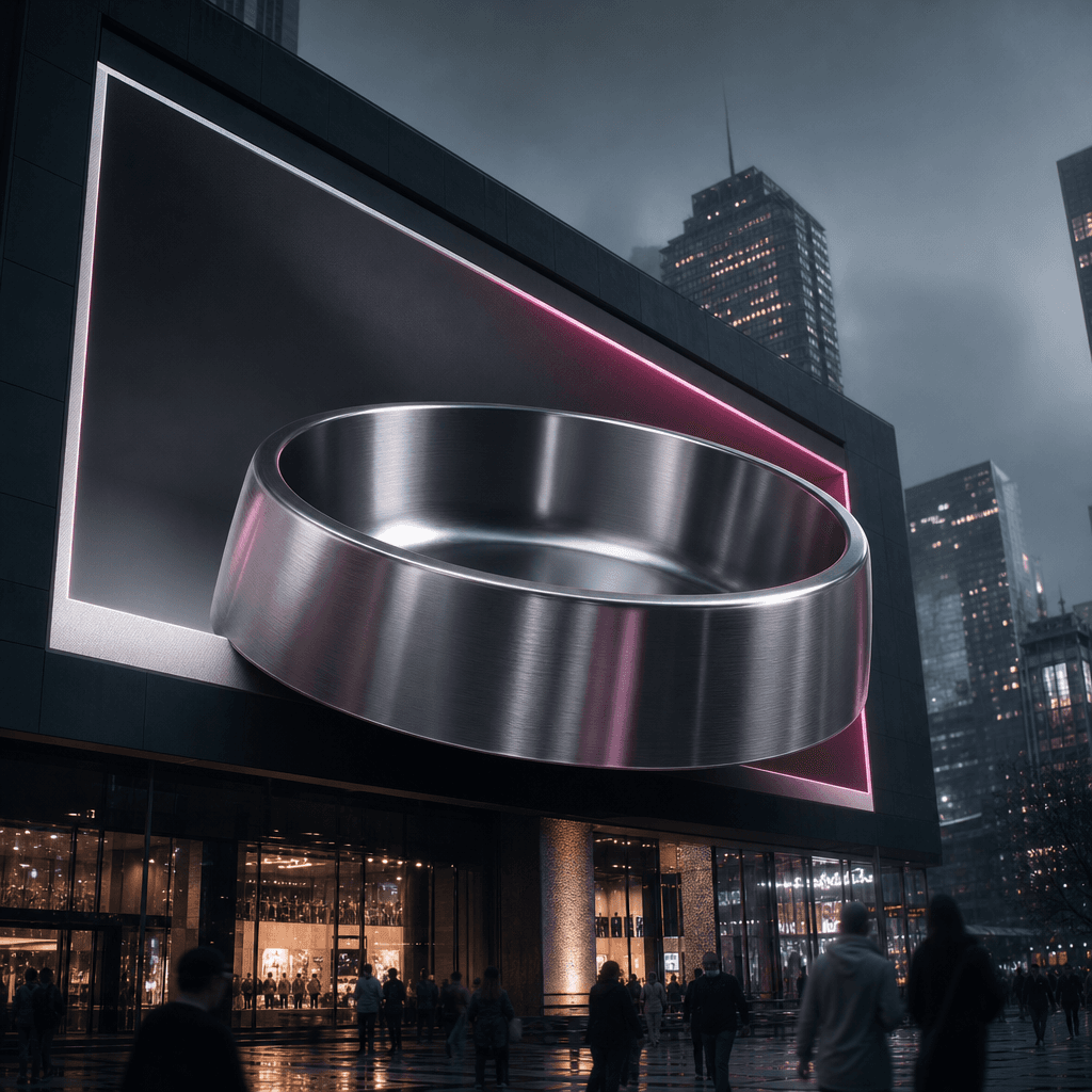 A polished metal pet bowl floating out from an enormous urban display above a modern shopping district, dimensional scre