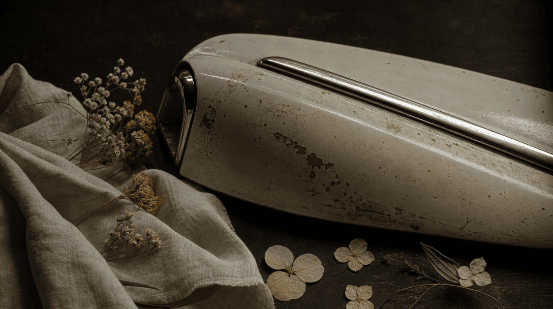 Weathered cream automotive paint, fine chrome trim, pressed flowers, and soft linen arranged as a refined material study