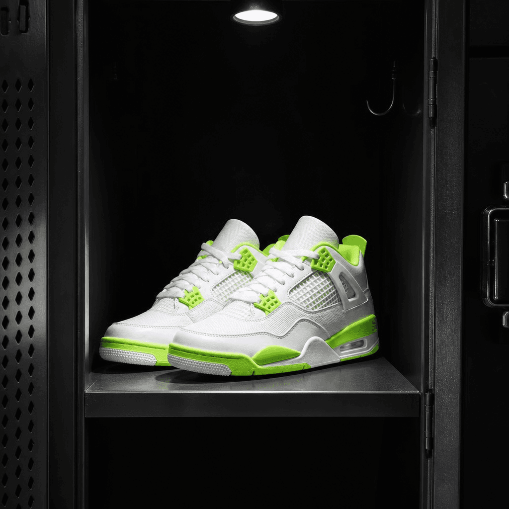 A pair of limited-edition white and volt-green sneakers placed inside a dark steel locker, single overhead spotlight cre