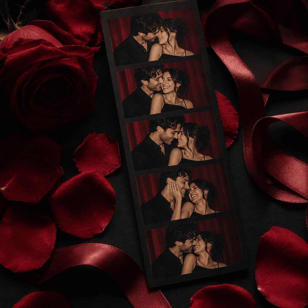 A dreamy six-frame couple photo strip arranged beside rose petals and a satin ribbon on a dark tabletop, each image show