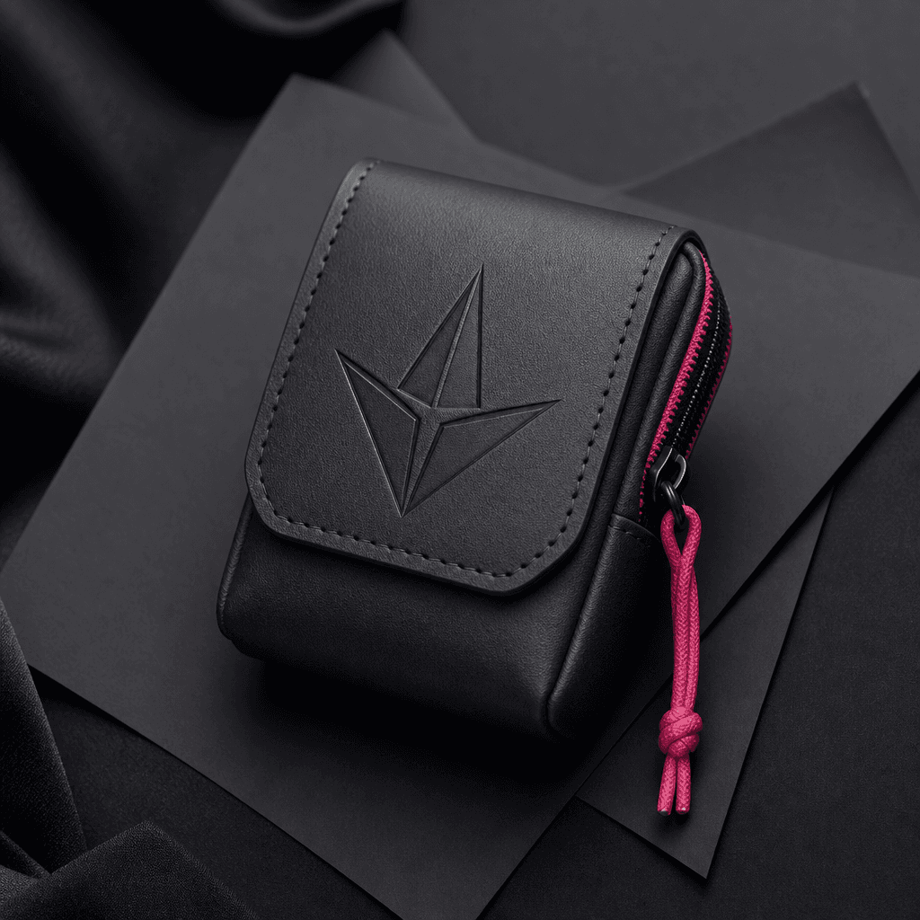 A structured miniature pouch with an embossed geometric emblem, photographed against layered black paper and soft fabric