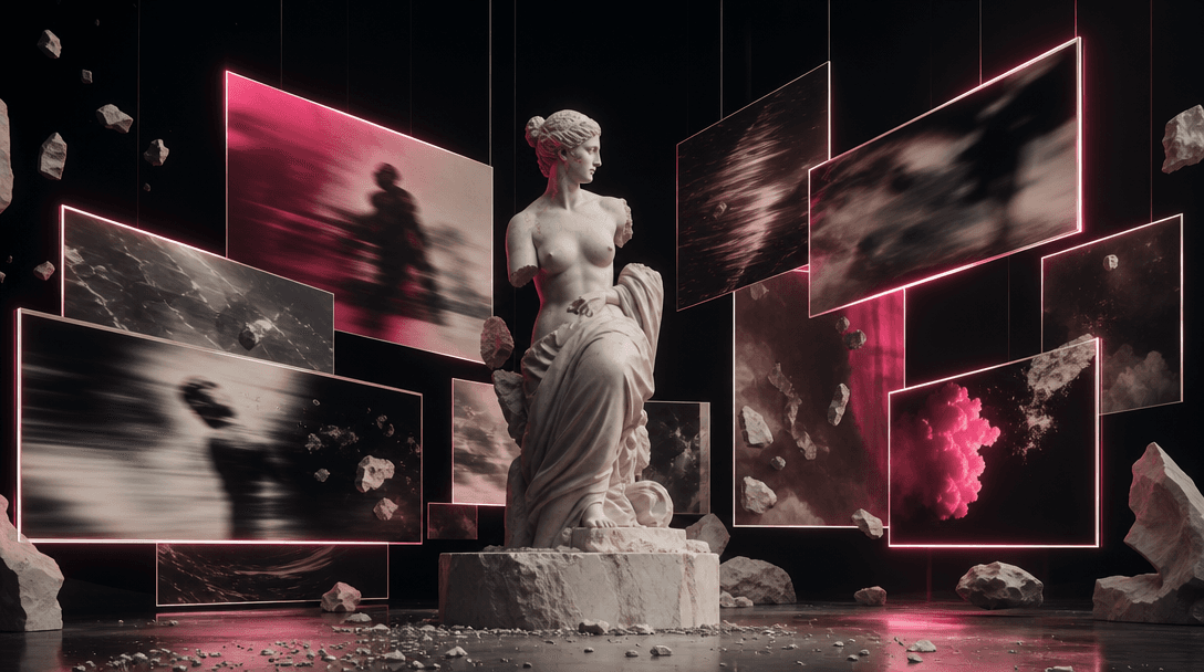 A marble sculpture surrounded by suspended cinematic frames made from light, each frame suggesting a different atmospher