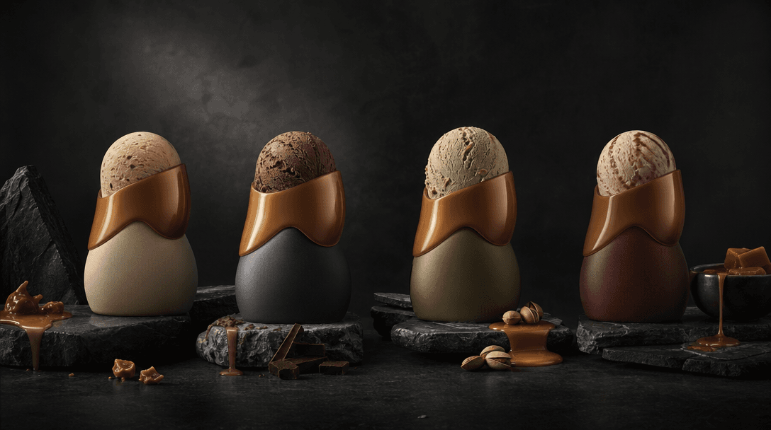Four coordinated beauty still-life scenes merging into one continuous dark editorial panorama, each featuring the same a