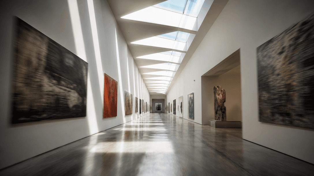 Cinematic 16:9 interior perspective of a long contemporary museum corridor. Polished concrete floor, full-height white w