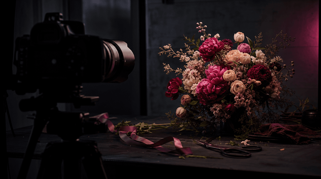 A professional camera lens in soft silhouette facing an illuminated bouquet across a dark florist worktable, with loose 
