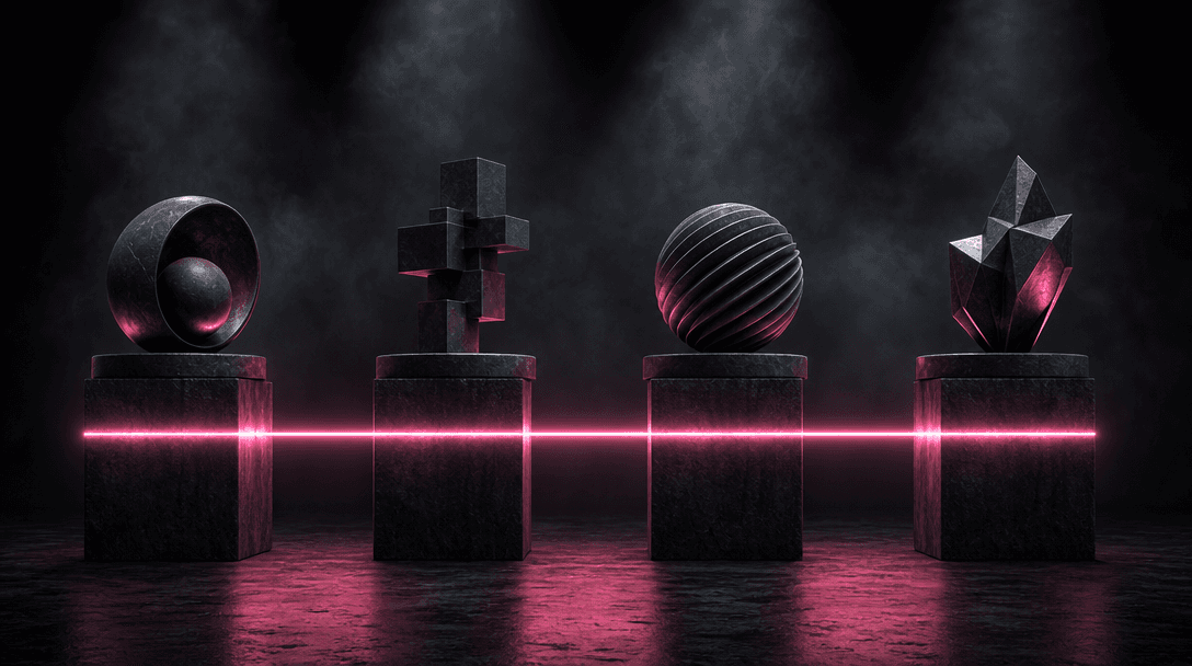Four coordinated product pedestals connected by a continuous hot pink beam of light, each holding a different abstract c