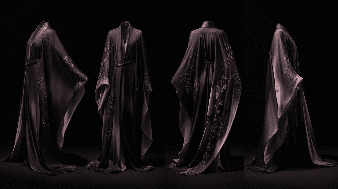 Four flowing fabric panels arranged around an invisible central form, each revealing a different angle of the same garme