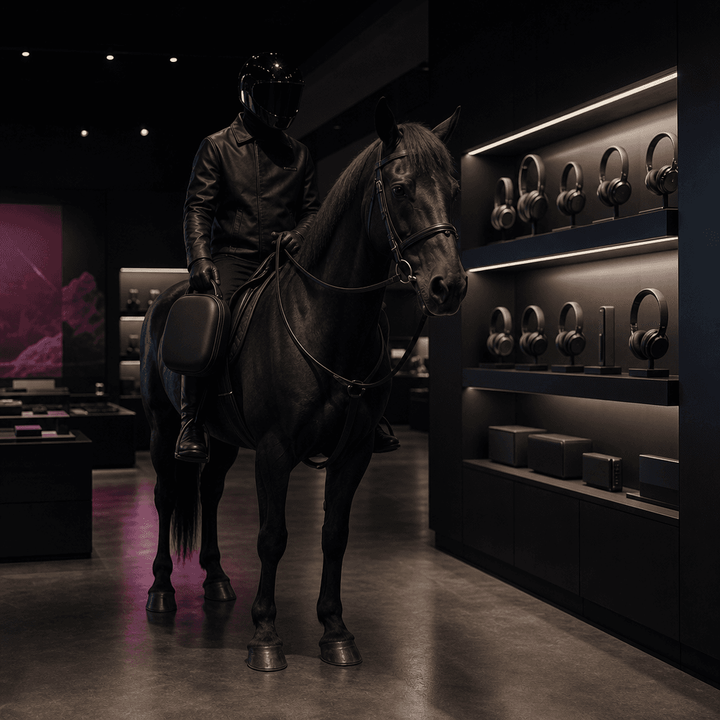 Square surreal advertising scene in a modern electronics store, a horse and anonymous rider paused beside illuminated sh