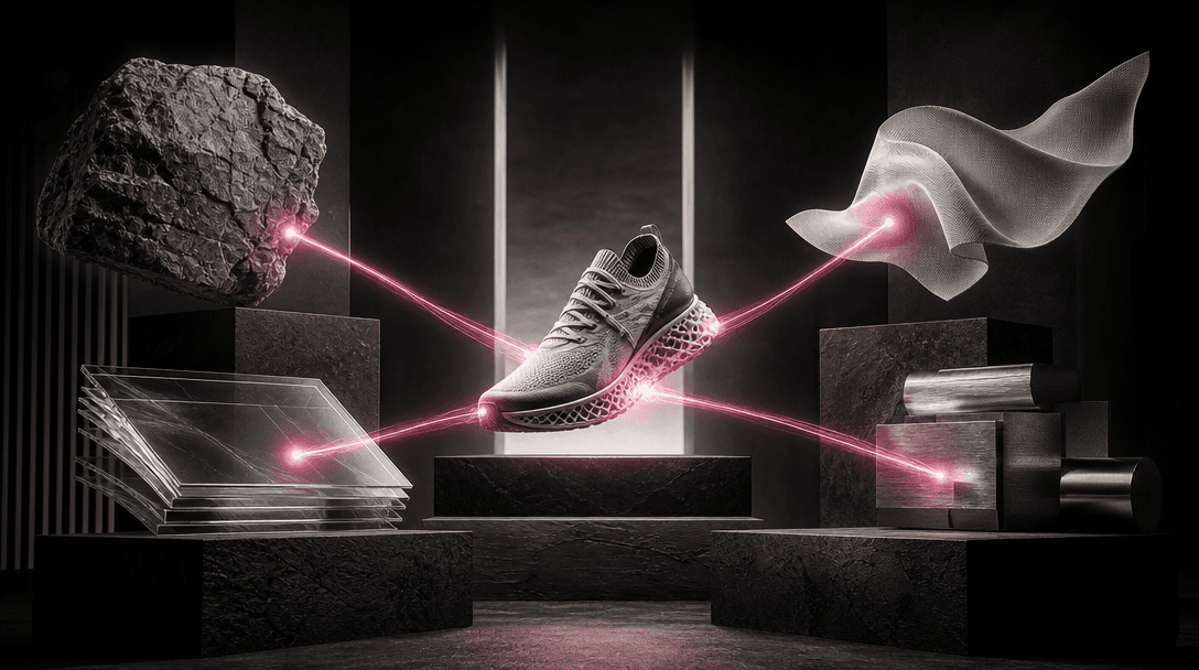 A dramatic dark studio containing several distinct illuminated material stages converging toward one hero sneaker, sugge
