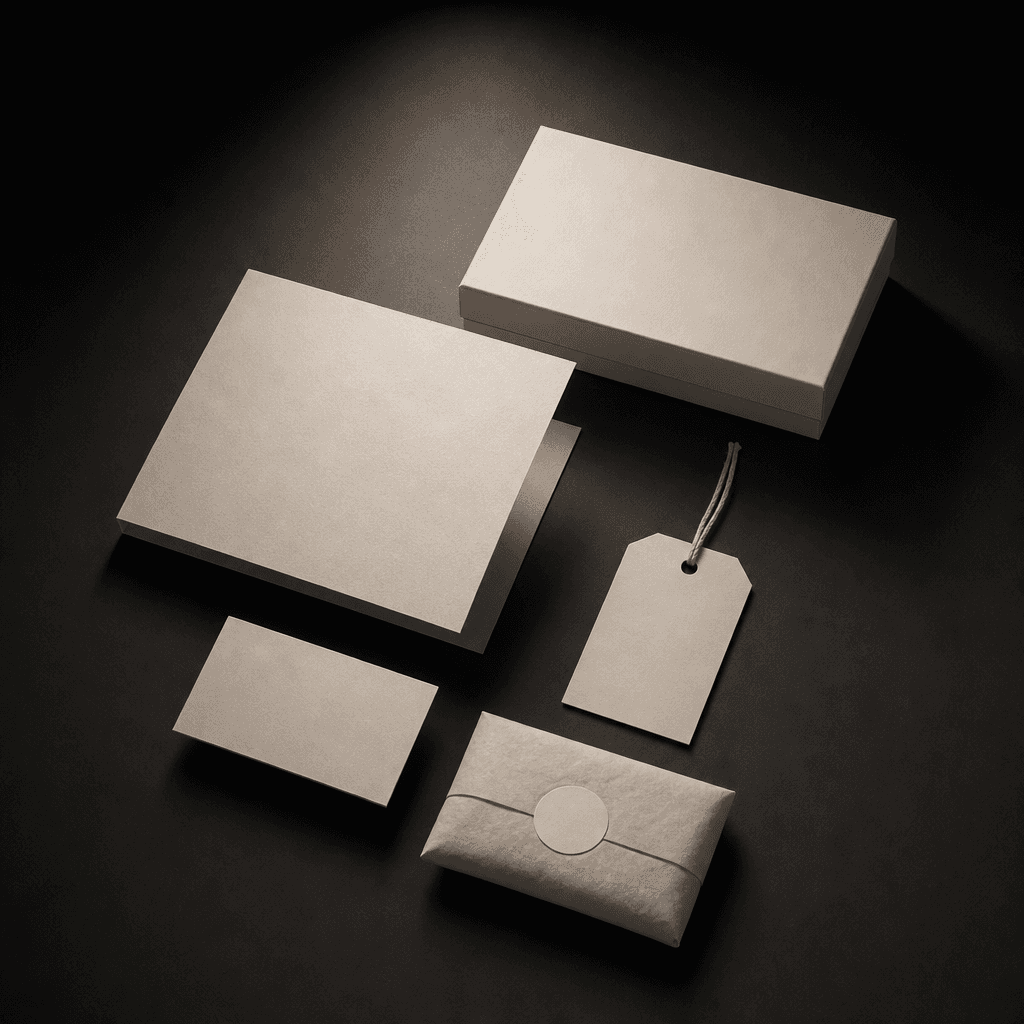 Premium flat lay brand identity composition, minimal business materials including unbranded card and clean packaging on 