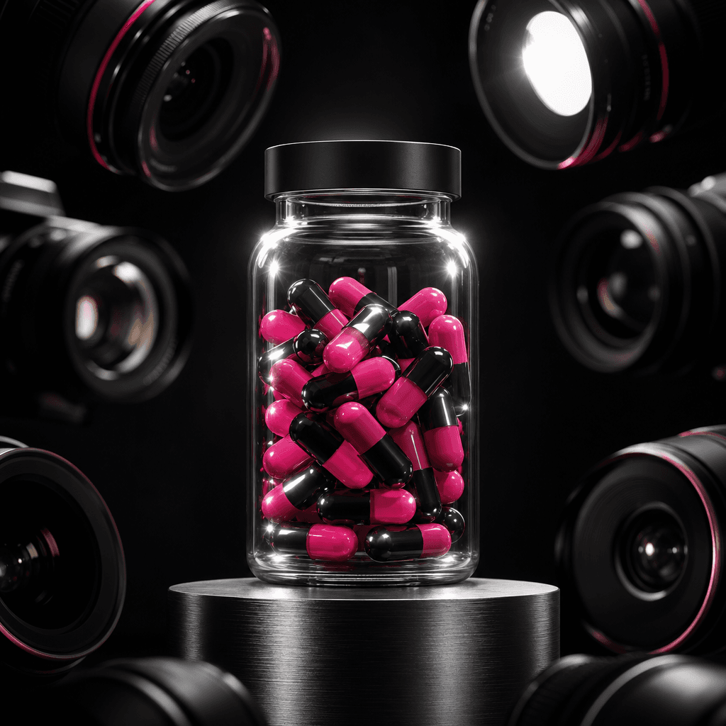 A translucent vitamin jar on a brushed metal platform surrounded by camera lenses entering from the edges of the frame, 