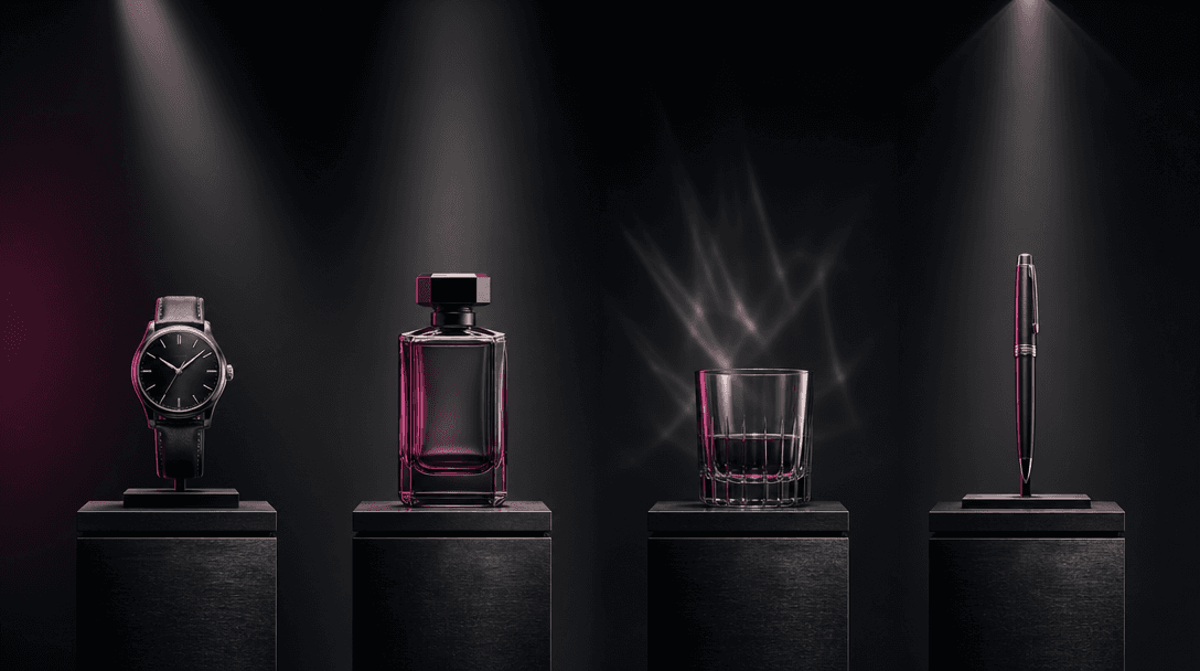 Four coordinated luxury objects arranged across identical dark pedestals, each illuminated with a distinct but harmoniou