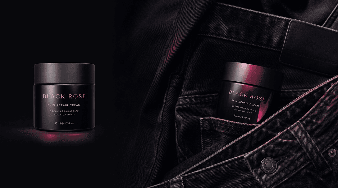 A clean cosmetic packshot transitioning conceptually into a tactile lifestyle arrangement, one beauty container surround