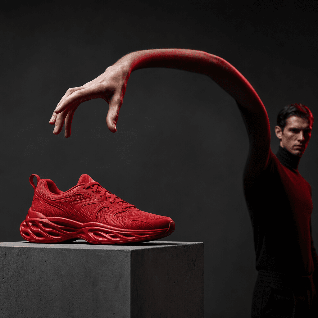 A vivid red sneaker displayed on a sharp concrete plinth while an extra-long arm curves through a minimal charcoal studi