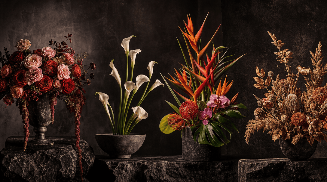 Four distinct floral arrangements sharing one dramatic studio environment: romantic roses, minimalist calla lilies, vivi