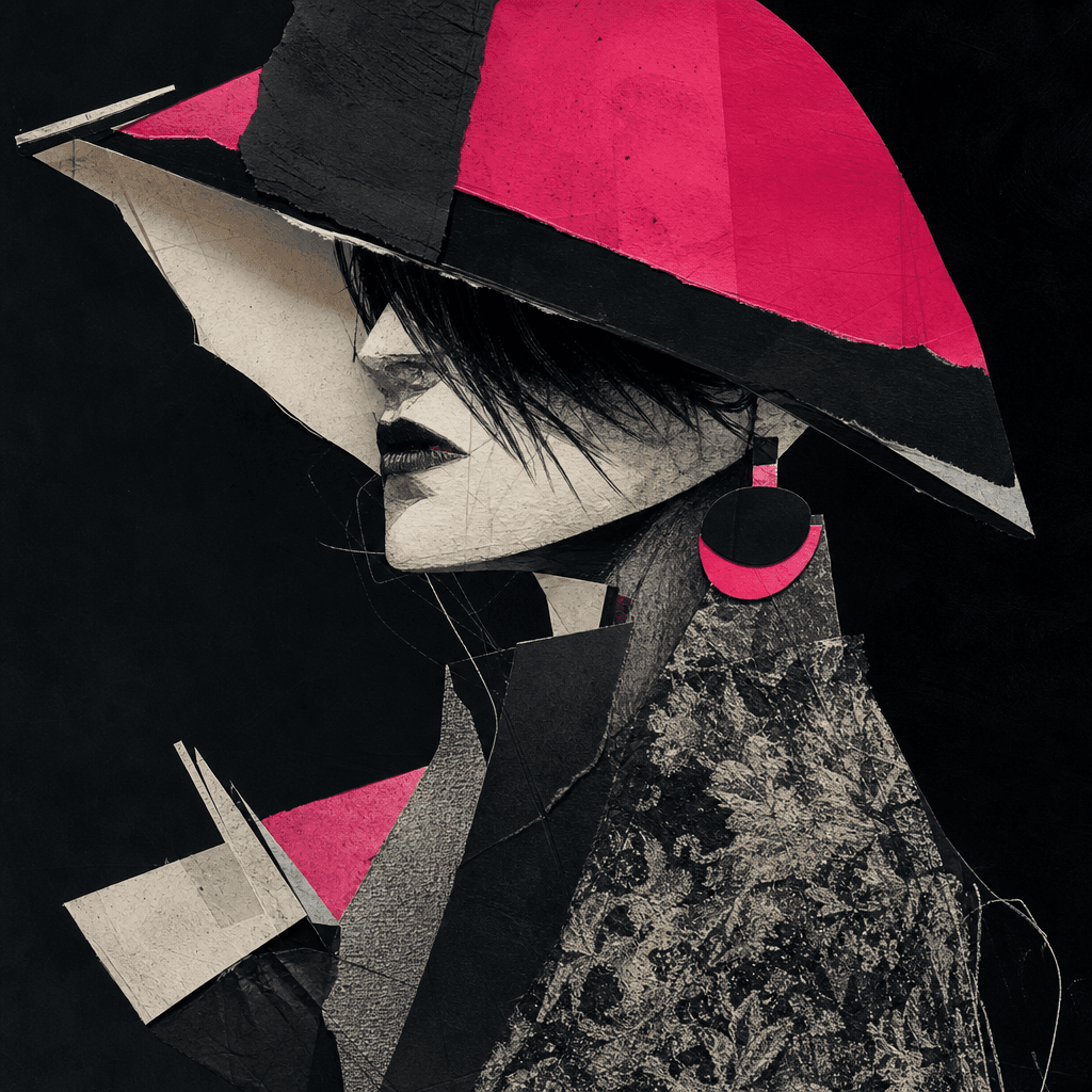 An original fashion portrait interpreted as an experimental mixed-media cartoon, combining cut paper shapes, charcoal li