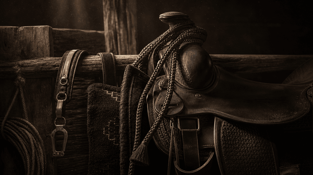 Atmospheric close-up of a dark saddle, braided reins, brushed metal hardware, black wool, and weathered timber arranged 