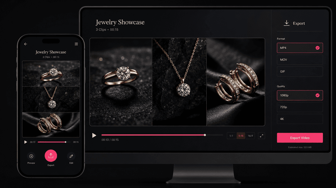 Animated triptych video displayed on smartphone and desktop displays, jewelry video playing with motion effect, minimal 