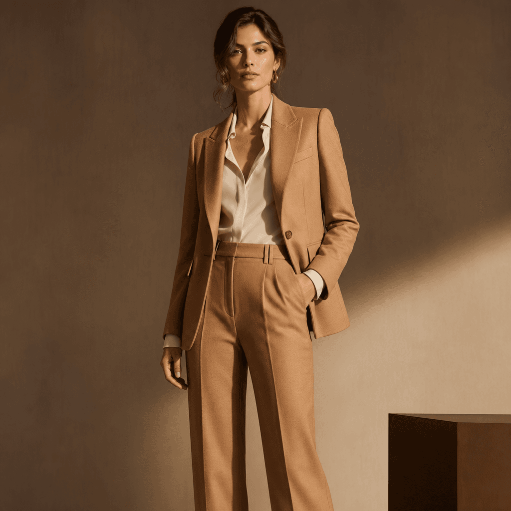 Professional business fashion: tailored camel wool blazer and high-waisted trousers, confident upright pose on neutral s