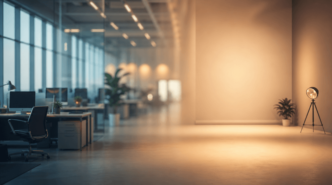 Abstract smooth transition from corporate office environment blurring into clean minimalist studio. Cinematic color grad