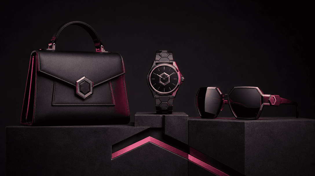 Three distinct accessory silhouettes connected by matching geometric forms and synchronized highlights, staged on steppe