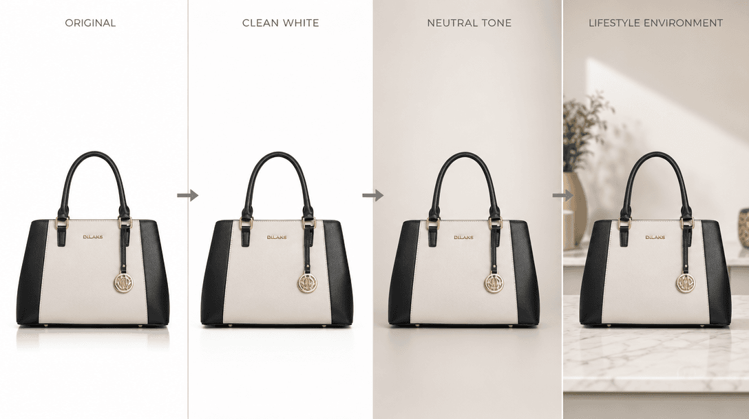 Professional catalog background transition effect, clean white to neutral tones, product-focused lighting optimization, 