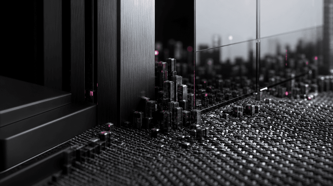 Extreme macro scene of premium electronics materials transitioning into an urban landscape: brushed aluminum becomes a t