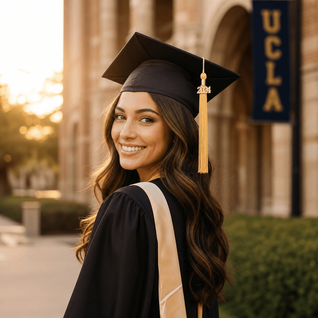 Mature young adult in graduation attire, proud expression, professional photography, warm color palette. Natural beauty 