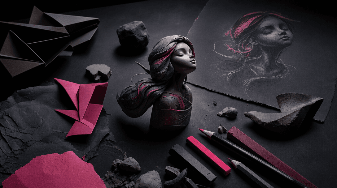 An elegant arrangement of handmade creative materials suggesting guided transformation: folded paper, clay shapes, graph