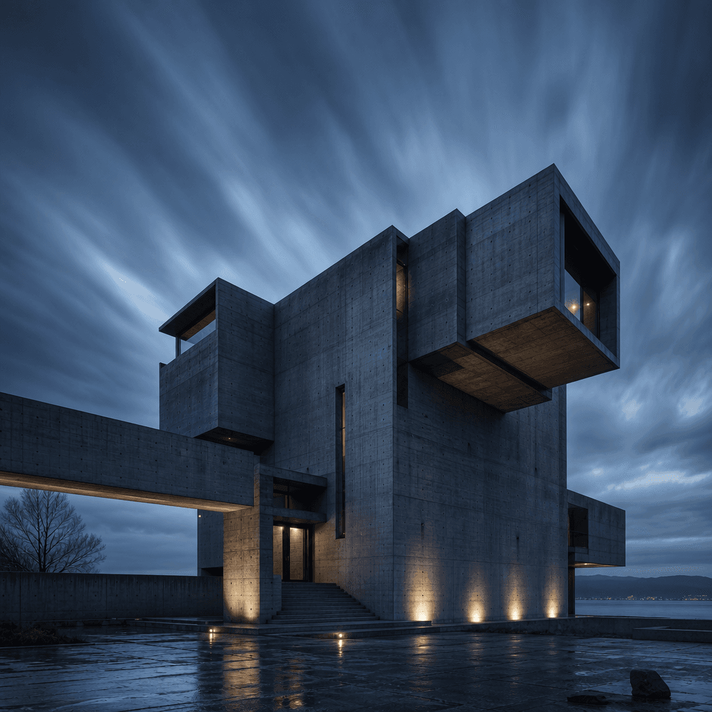 An architectural exterior render of a brutalist concrete building at blue-hour dusk, with subtle motion blur on cloud fo