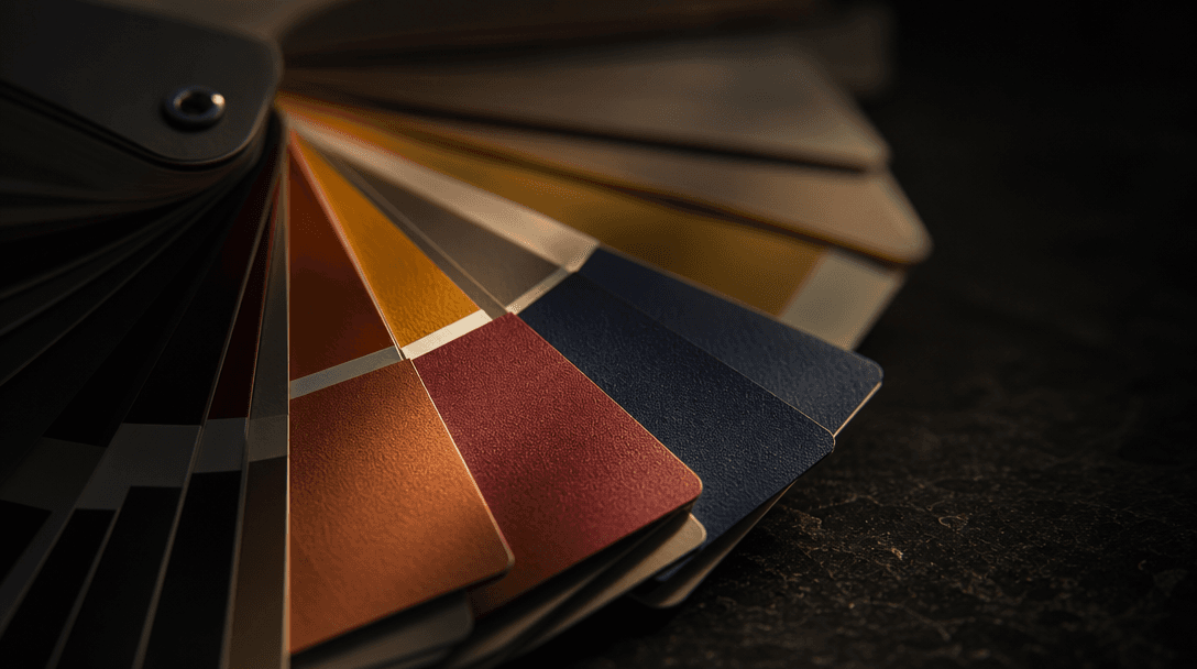 Abstract close-up of a Pantone color fan spread open on a very dark surface, individual color chips catching warm direct