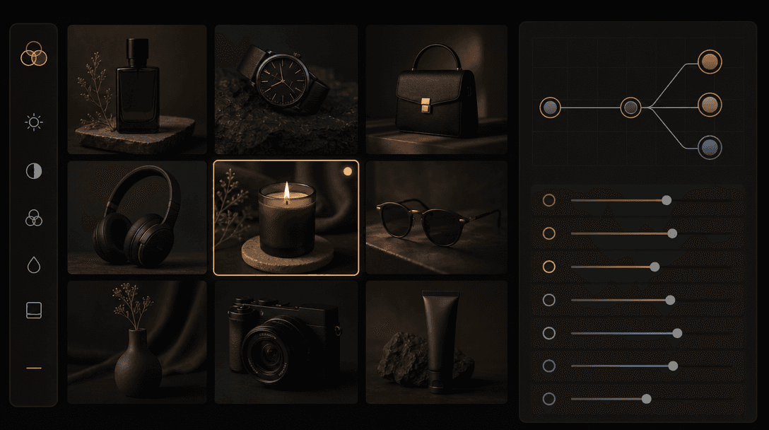 Product images arranged in a visual grid with color adjustment nodes and sliders, minimalist dark interface aesthetic, s