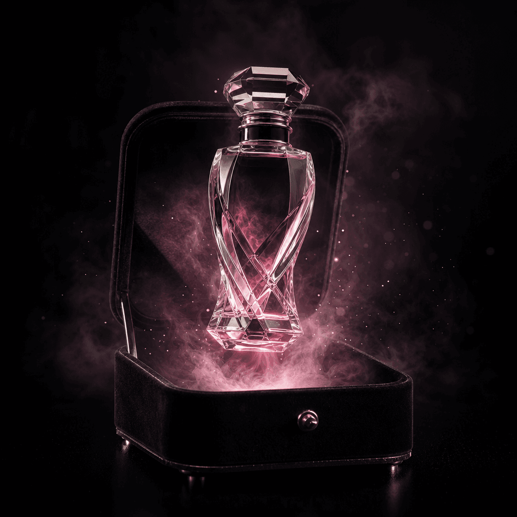 A sculptural perfume bottle magically rising from a black velvet jewelry box, surrounded by a restrained cloud of pale m