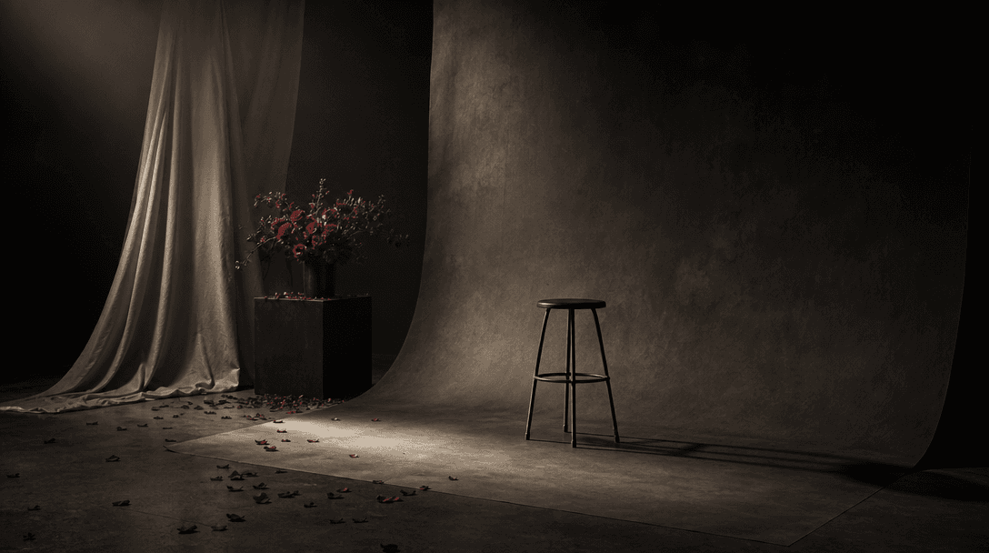 A sophisticated studio environment built from charcoal paper sweeps, a simple metal stool, soft cream fabric, and scatte