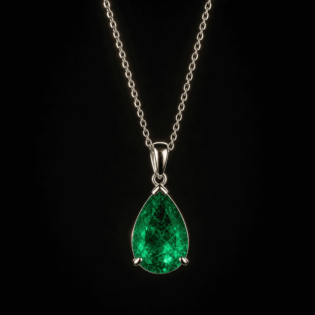 A teardrop emerald pendant set in white gold suspended mid-air against deep charcoal, studio backlight outlining the fin