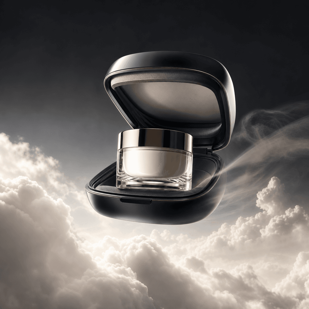 A glossy skincare jar floating in a compact open carrier above bright cloud peaks, dark charcoal atmosphere contrasting 