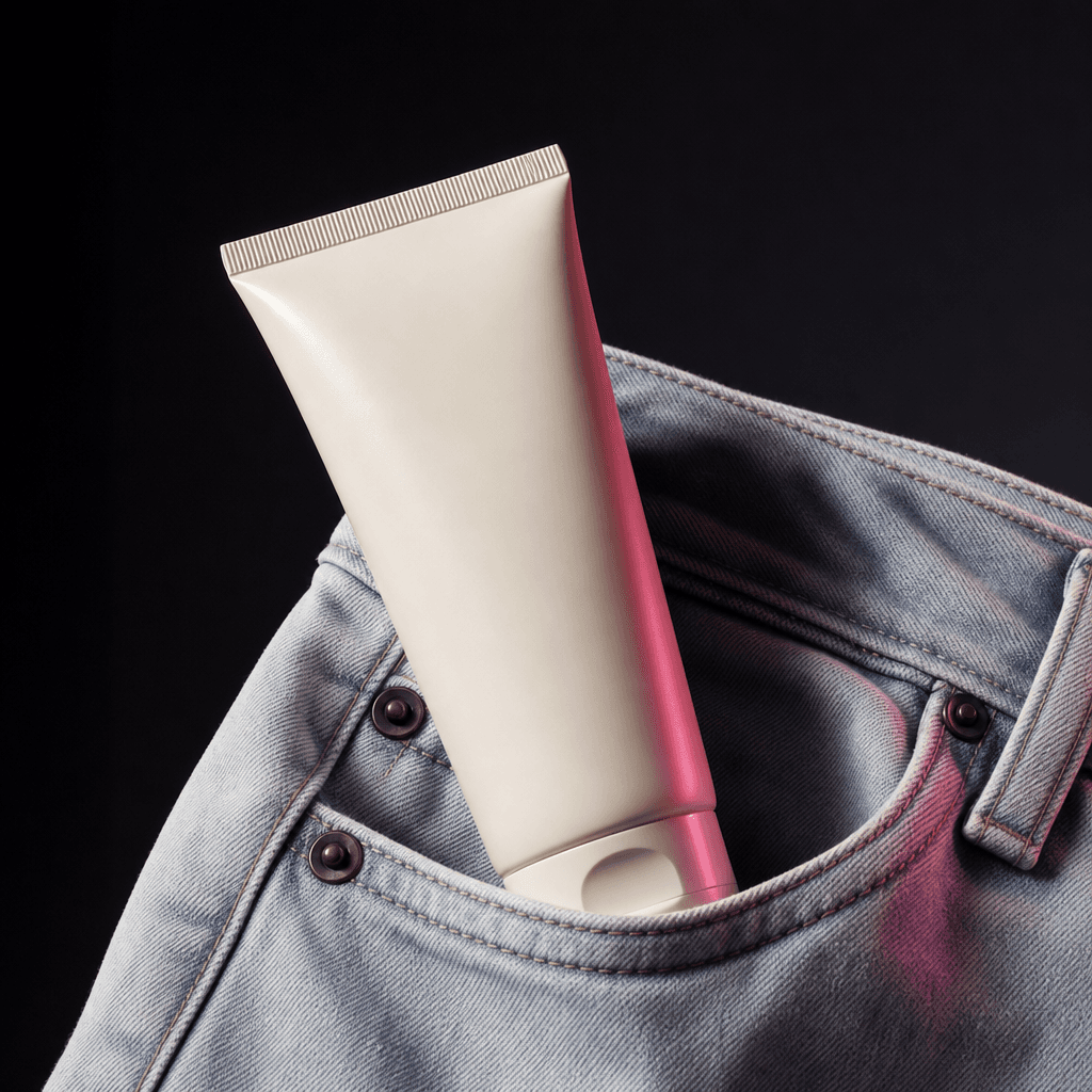 A minimalist skincare tube placed diagonally in a raw light-denim pocket, natural fabric compression around the package,