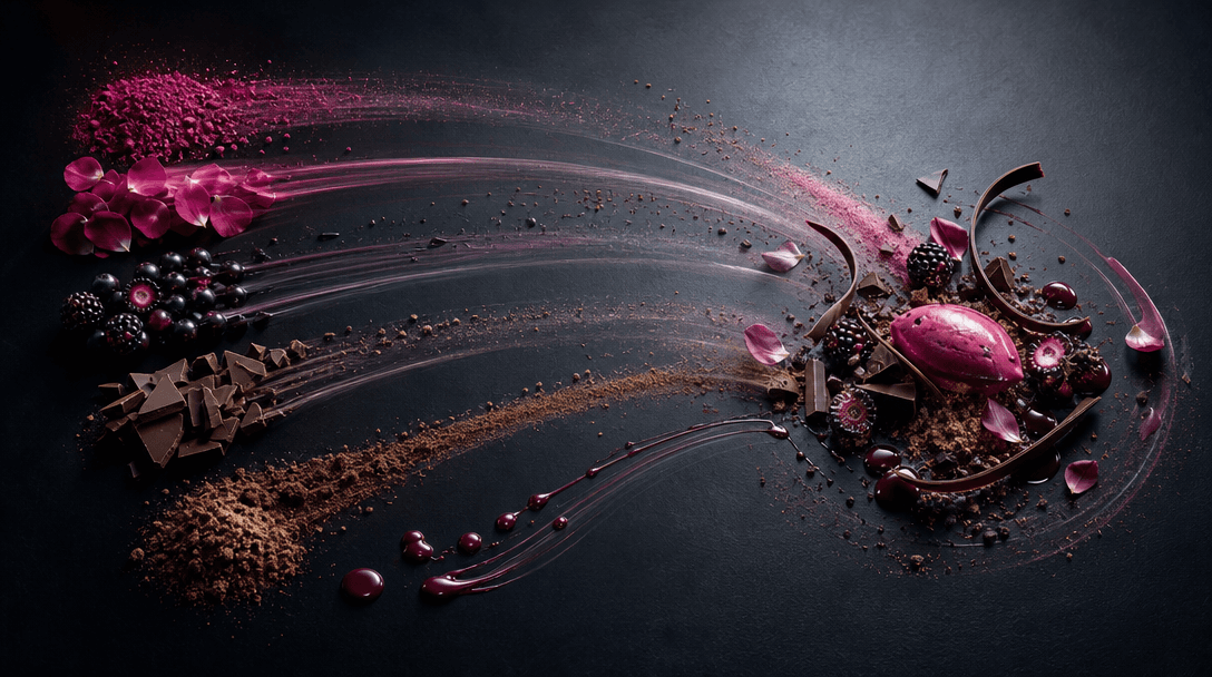 A sequence of ingredients moving across a dark preparation table from separate clusters into one precise sculptural arra