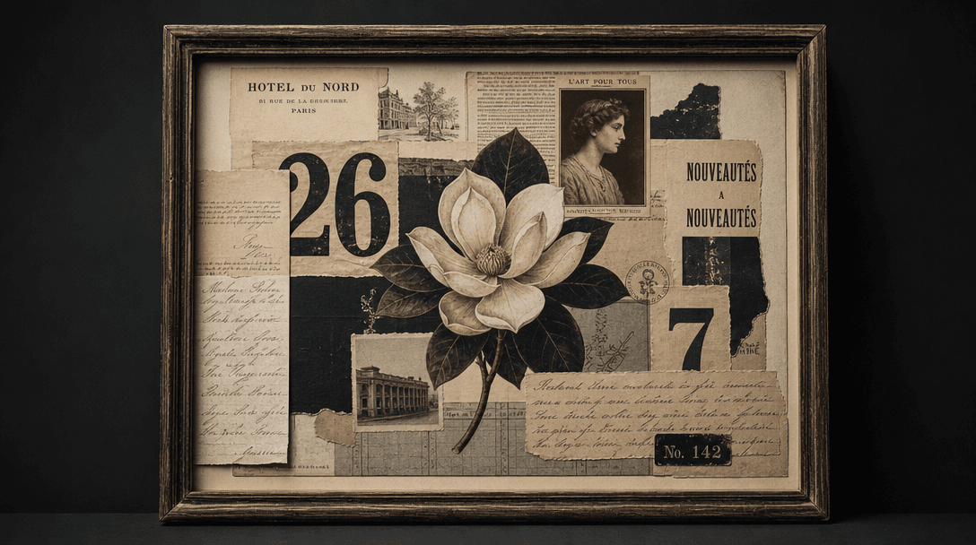 Studio lighting on vintage collage artwork, clean professional editorial style, sharp focus on composition, refined dark