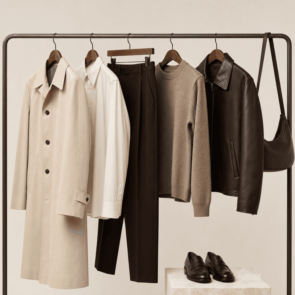 Minimal rail with styled outfit pieces, modern aesthetic, clean background, professional product lighting, fashion brand