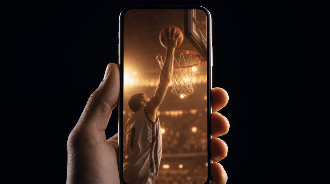 Close-up of a smartphone held vertically in a hand, screen showing the blurred warm glow of a full-bleed sports video in