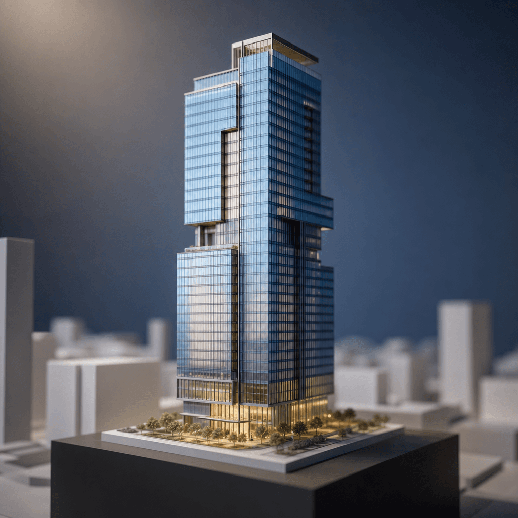 A contemporary glass-and-steel skyscraper rendered as a flawless architectural scale model on a dark matte plinth. Tilt-