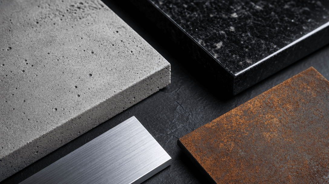 Extreme close-up of architectural material samples arranged on a dark slate surface: raw concrete panel, polished black 