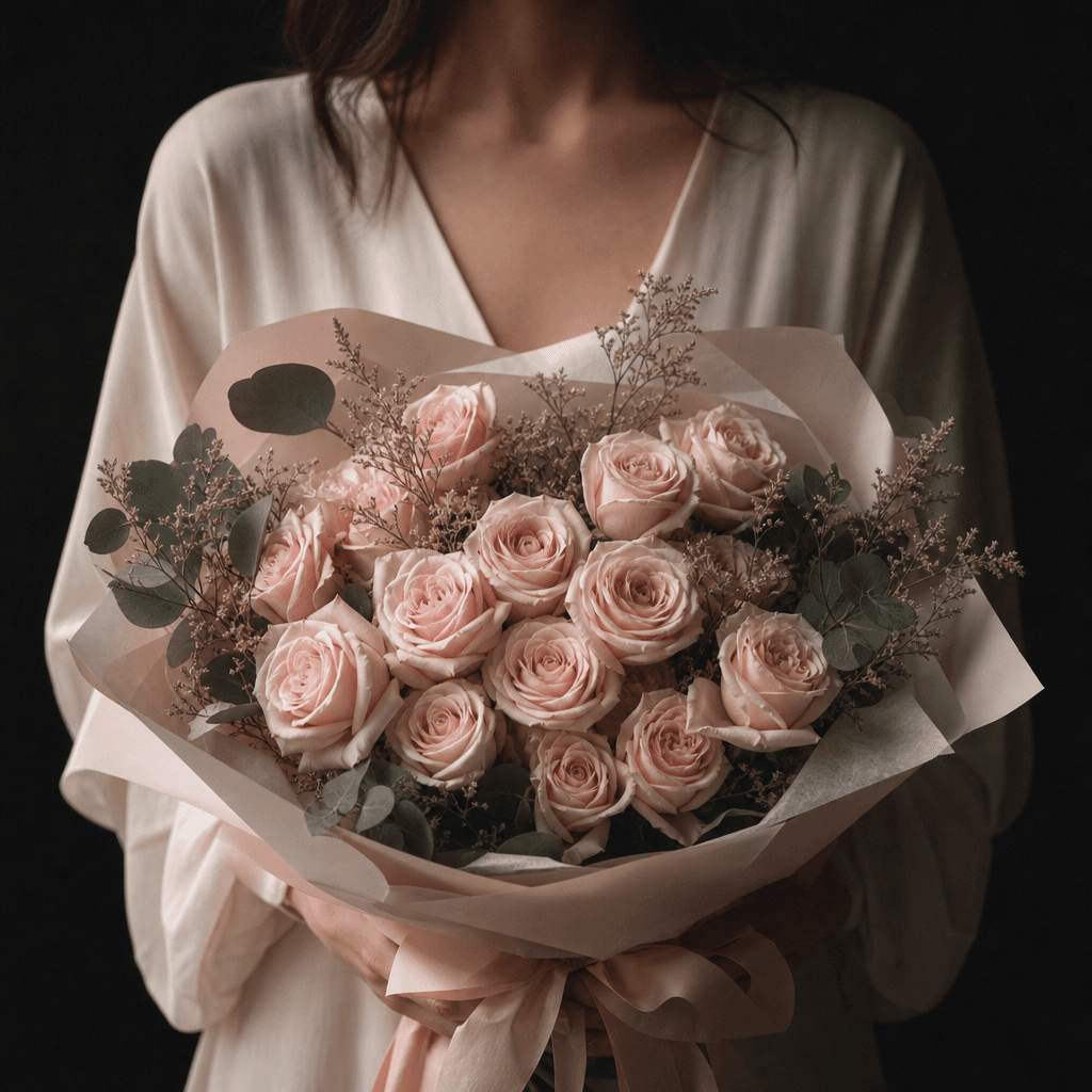 A romantic blush-pink rose bouquet presented by an anonymous model in a minimal dark studio, relaxed shoulders and natur