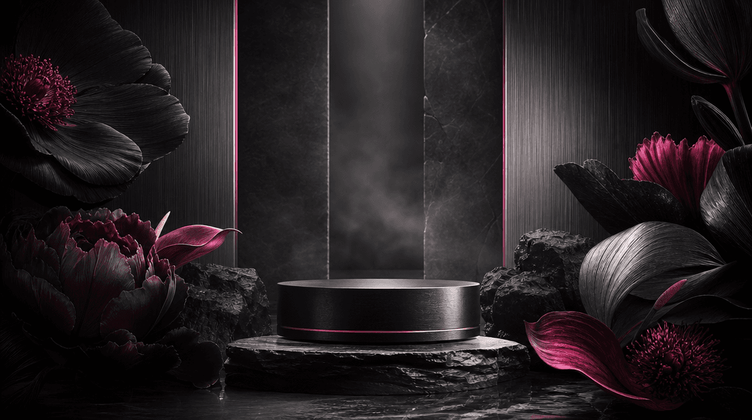 A luxury product campaign set built from black stone, brushed metal, and monumental flowers, dramatic spotlights cutting