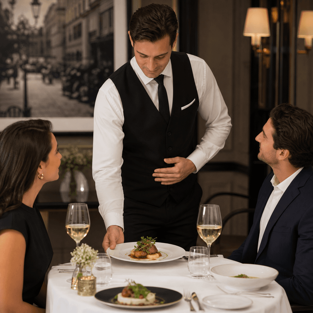 Server serving multi-course meal at elegant bistro table. Soft studio lighting, refined tableware, professional hand pos